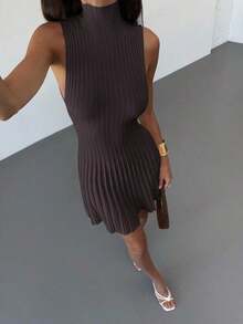 AYYAloruh Vestido de punto acanalado de línea A sin mangas con cuello mínimo para mujerAYY - Café integral 2 - Ver 6
