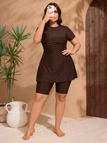 Swim  Conjunto de burkini de manga corta para mujer talla grande, traje de baño de dos piezas, para vacaciones de verano en la playa, ropa árabe - Burdeos - Ver 5