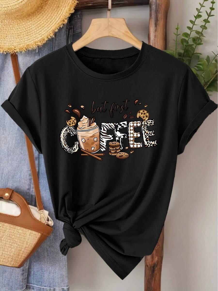 Women's Short-Sleeved T-Shirt, Elegant Style, With Coffee-Themed Print And Round Neck, Ideal For Spring, Summer, Autumn, Fashion, Daily Travel, Vacation, Casual, Elegant, Retro Style, Available In Sizes S-XXL - 黑色 - 查看 1