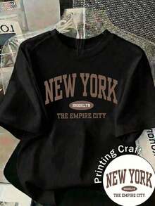 New Short-Sleeved Crew Neck T-Shirt For Women, Spring/Summer Design, With A Simple Print Of The Letters NEW YORK And A Perfect Combination, Breathable And Sweat-Wicking. Direct Shipping From Our Local Warehouse, Couples' Style, Ideal For Wearing Together. - Black - View 1
