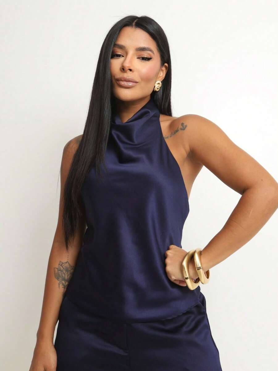 Women's Satin Blouse With High Neck And Open Back, Elegant For Parties - Navy Blue - View 1