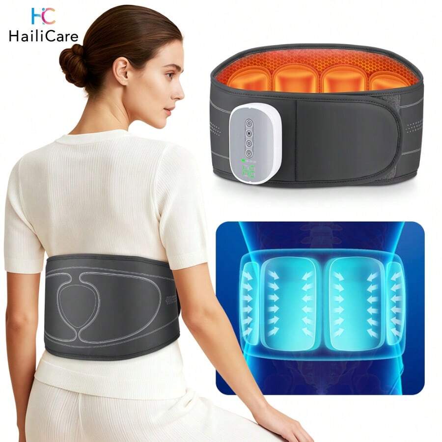 Hailicare 可充电加热腰带，安全气囊腰部减压，便携式腰部按摩器，3种按摩模式、4种按摩强度和4档加热设置，缓解腰部疲劳支撑，2000mAh电池