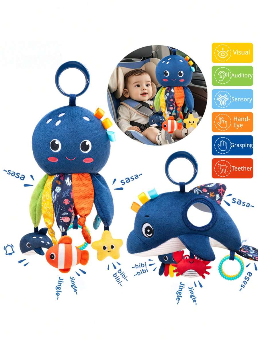 Nuevo decoración colgante de coche con animales marinos lindos, sonajero de cuna con dentición y papel crepitante, muñeca de peluche sonajero para bebé