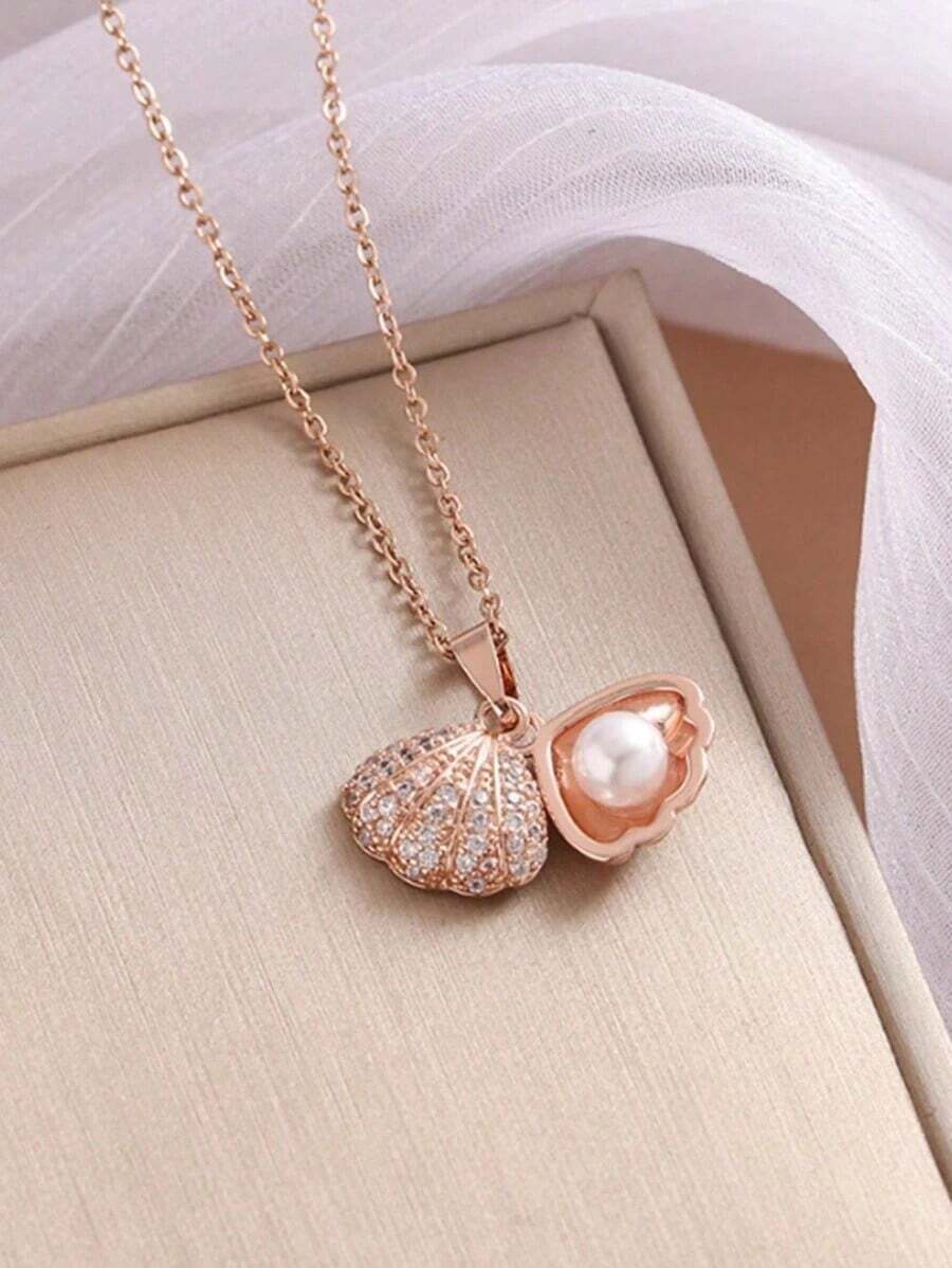 1 Piece Stainless Steel Micro-Inset Shell Faux Pearl Pendant Necklace Chain - Rose Gold - View 1