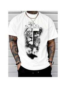 Men's Lion &amp; Jesus Print Round Neck Tee, Regular Fit Casual Short Sleeve Crew Neck T-Shirt for Summer, Fashion Men's Top for Daily Wear, Tops - Weiss - Übersicht 1