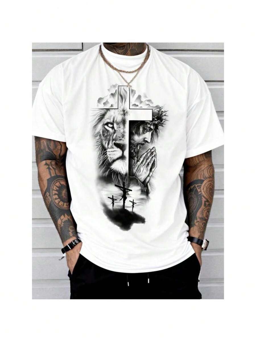 Men's Lion &amp; Jesus Print Round Neck Tee, Regular Fit Casual Short Sleeve Crew Neck T-Shirt for Summer, Fashion Men's Top for Daily Wear, Tops - Weiss - Übersicht 1