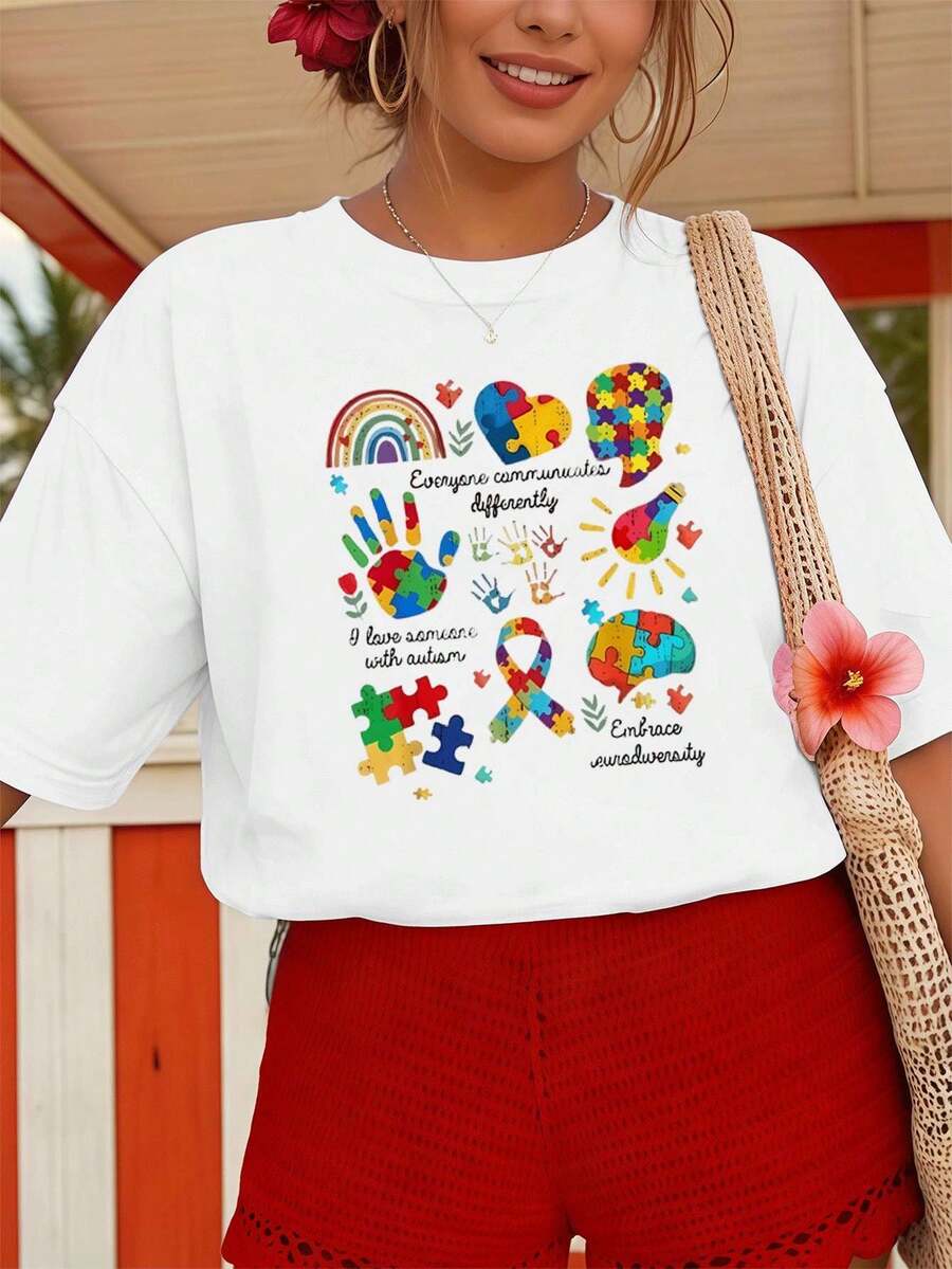Shirt With A Motivo A Cuore Puzzle Per La Sensibilizzazione Sull'A UTISMo, 100% Cotone, Vestibilità Comoda, Casual, Confortevole, Graphic Design. - 白色 - 查看 1