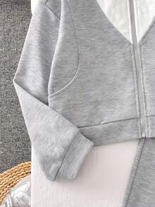 Vihyde Tween Girls Ballet Style Zipper Hooded Jacket & Lace Patchwork Wide Leg Pants 2 Pieces Set - Light Grey - View 6