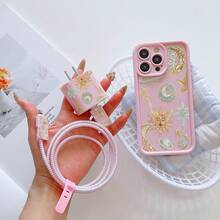 6-In-1 Pink Celestial Planet Phone Case Set - Includes Phone Case, Charger Head Cover, Cable Protector, Storage Cord, Data Cable Wrap Cord, TPU Shockproof Protective Case, Suitable For IPhone 6-16 Pro Max, Great Gift For Couples, Daughters, Girlfriends, Teenagers - Multicolor - View 3