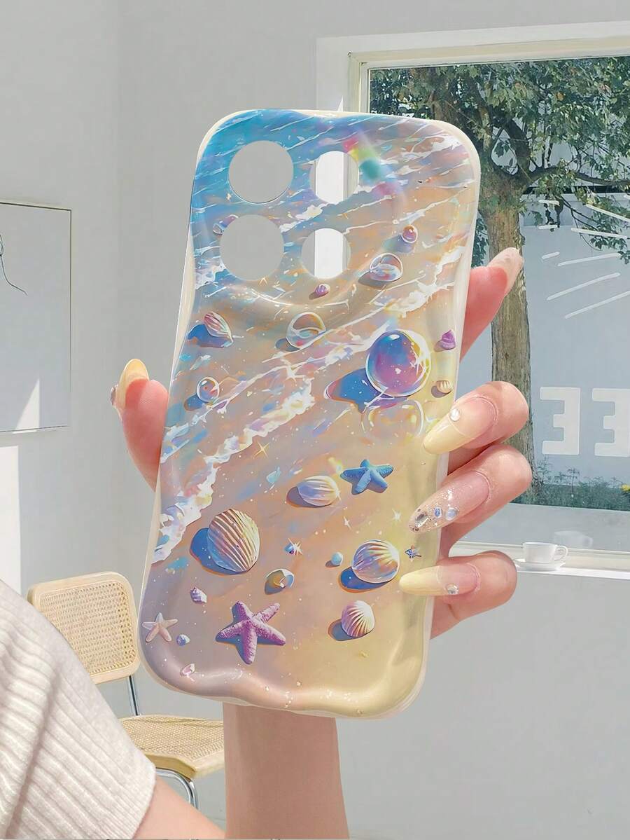 1件時尚純Android TPU材質亮面殼海洋元素圖案白色奶油質感全包防摔手機殼,相容於、Honor - 米色 - 查看 1