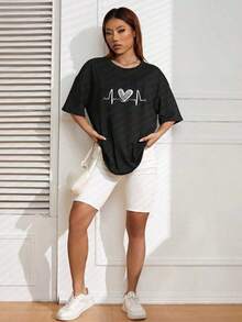 The Hottest Item Of The Summer: Pure Cotton T-Shirt, Round Neck T-Shirt With Heart Print, Graphic Tees With Cheetah Print For Women, Stylish Pure Cotton T-Shirt. Stylish, Popular, Party T-Shirt. - 黑色 - 查看 2