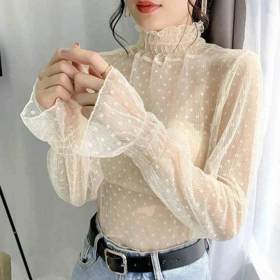 Women's Slim Black Lace Shirt, Spring-Autumn, Sexy, High Neck, Long Sleeve, Fitted, With Crochet Patches, Fashion Blouse - 2SZWB058-米色 - 查看 1