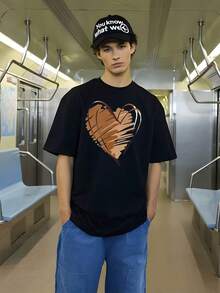 Men's Vintage Oversized Fashion Casual Black Heart Brush Effect T-Shirt, Adult Men's Clothing, Casual Wear, Daily Outfit, Summer Tops. - 黑色 - 查看 6