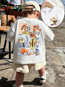 Disney Zootopia Nick Wilde Judy Hopps Four Grid Front Back Print Kids T‑Shirt, Cute Cartoon Boys Girls Short Sleeve Tee - 白色 - 查看 1