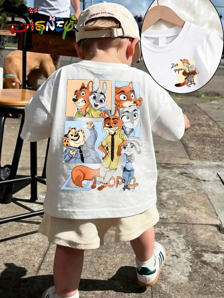 Disney Zootopia Nick Wilde Judy Hopps Four Grid Front Back Print Kids T‑Shirt, Cute Cartoon Boys Girls Short Sleeve Tee - 白色 - 查看 1