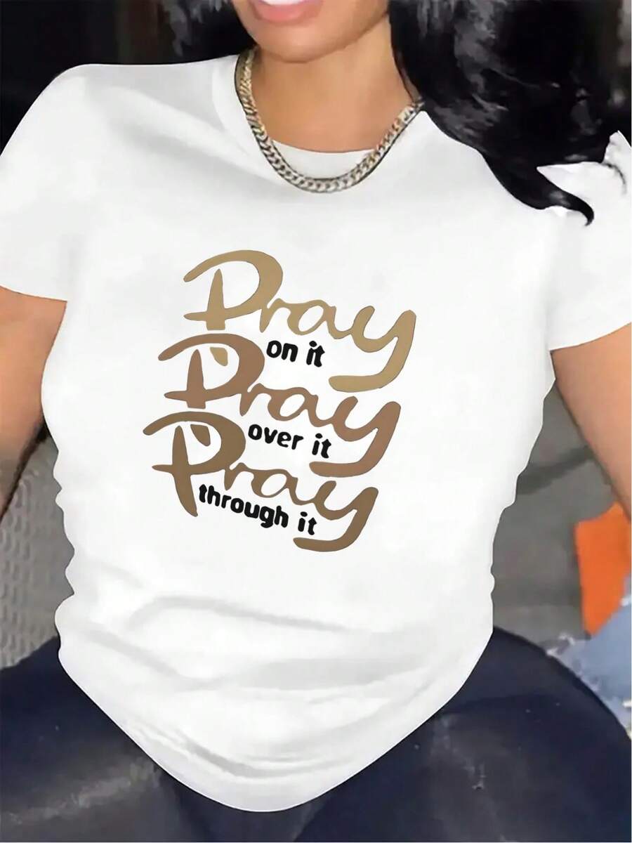 Durable And Comfortable Short-Sleeved Polyester T-Shirt For Home Office, Featuring An Inspirational Design Suitable For Everyday Wear; Made Of Soft Fabric And Decorated With Elegant Gold Lettering. Also Suitable As A Stylish Party Outfit, A T-Shirt For Elegant Ladies, A Blouse For Curvy Women, A Prom Skirt, Or Casual Wear. - 白色 - 查看 1