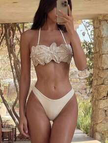 Swim Vcay Bikini de mujer de verano color beige claro con decoración de estrella de mar y perlas, traje de baño minimalista con decoración de estrella de mar y perlas para vacaciones en la playa, conjunto de ropa de playa de diseño único y ajuste ceñido - Beis - Ver 5