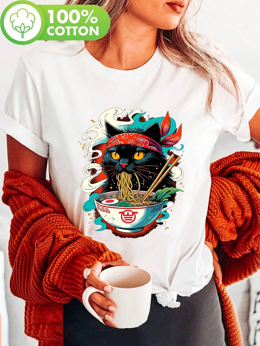 Camiseta con estampado de gato kawaii de anime japonés comiendo fideos ramen, manga corta y cuello redondo, prenda casual para verano y primavera, ropa de mujer - Blanco - Ver 1