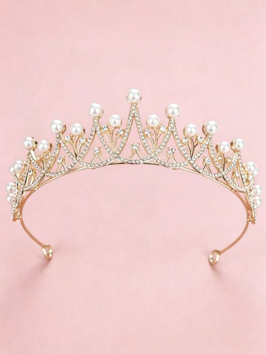 1pc Pearl & Rhinestone Decor Lovely Crown Headband For Girls - Gold - View 1
