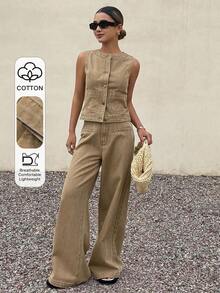 Conjunto de top de manga corta de cuello redondo marrón y pantalones vaqueros casuales para mujer, atuendo de vacaciones de verano - Caqui - Ver 1