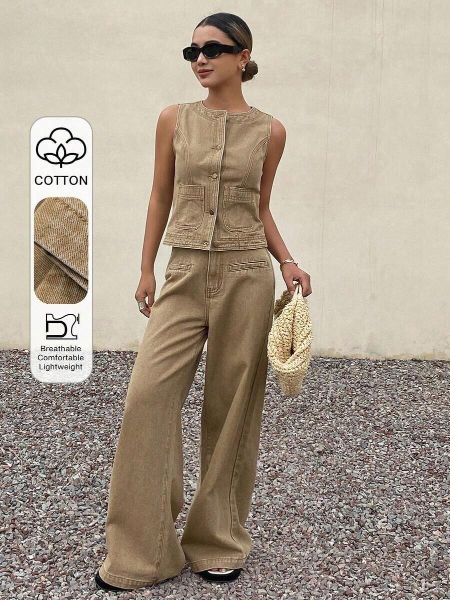 Conjunto de top de manga corta de cuello redondo marrón y pantalones vaqueros casuales para mujer, atuendo de vacaciones de verano - Caqui - Ver 1