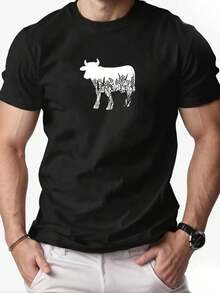 1pc Men's Casual Cotton T-Shirt With Cow Silhouette, Round Neck Short Sleeve Summer T-Shirt, Regular Fit Knit Fabric, Plain Color Adult Top. - 黑色 - 查看 8