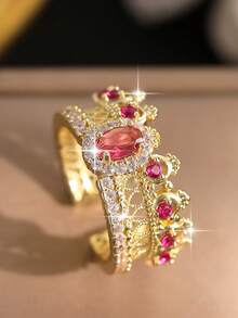 jealous young 1pc Elegant Palace Style Gold‑Plated Crown Open Ring With Hollow Lace Design & High‑Quality Rose‑Red Cubic Zirconia, Showing Women's Dignified Charm Jewelry Suitable For Daily Wear, Gift, Dates, Wedding Banquets, Holiday Galas, Evening Dinners - Crown - View 8
