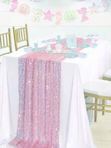 1件美人鱼亮片桌旗,长方形闪亮桌旗,珠光闪粉桌饰,适用于婚礼、婴儿派对、女孩生日派对、甜点桌装饰 - 淺粉色 - 查看 15