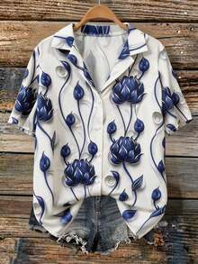 Blusa casual holgada de manga corta con cuello y estampado floral para mujer - Albaricoque - Ver 7