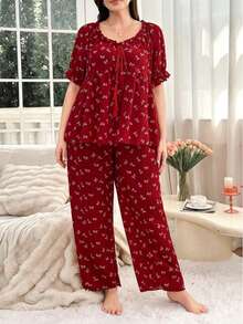 Plus Size Women Elegant Tie-Front Butterfly Print Short Sleeve Pajama Set - Multicolor - View 6