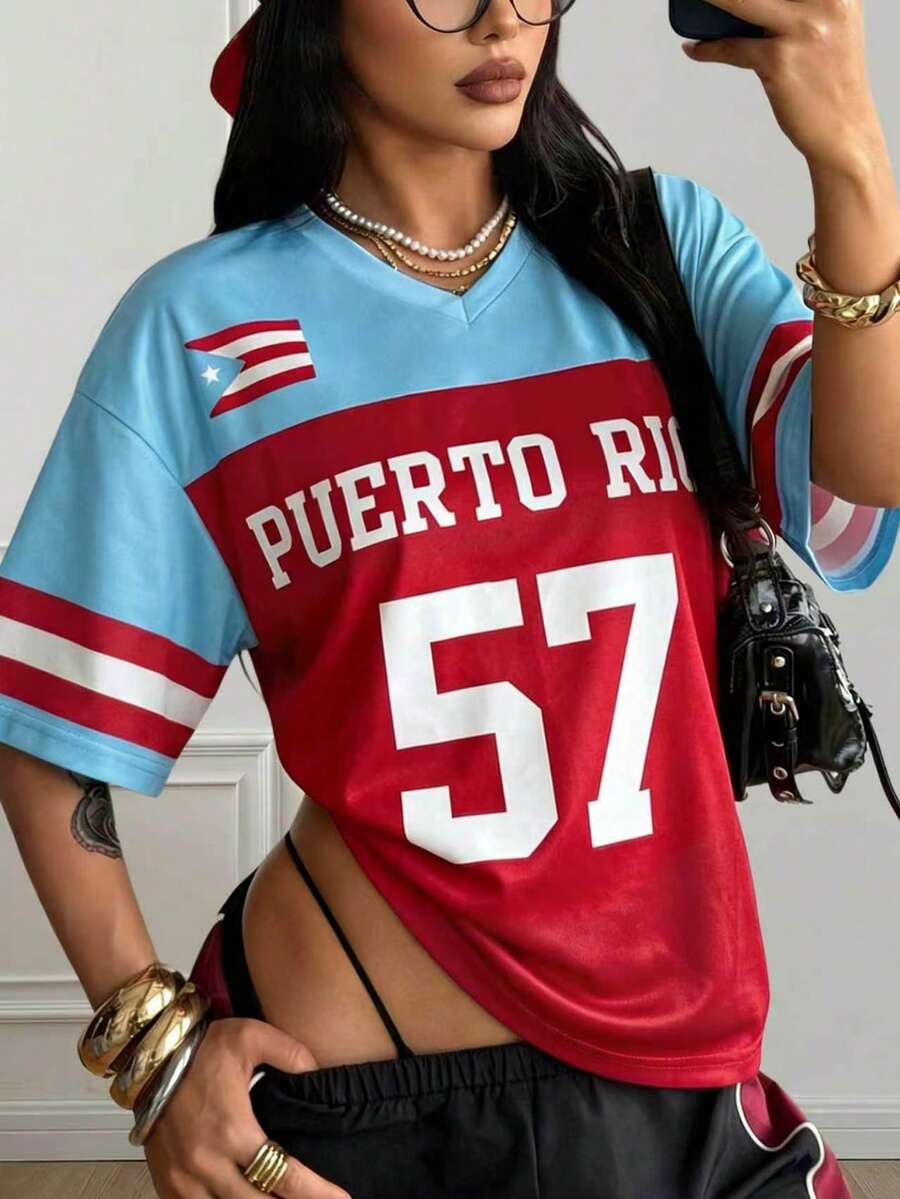 Áo thun thể thao cỡ lớn kiểu Mỹ Retro Puerto Rico "57", cổ chữ V màu đỏ và xanh in hình cờ, áo ngắn tay mùa hè phong cách Y2K dành cho nữ, trang phục thường ngày. - Xanh và Đỏ - Xem 1