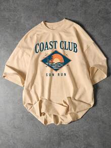 Áo thun nam FRACTYR phong cách đường phố Mỹ COAST CLUB in hình hoàng hôn, cổ tròn, dáng rộng, thoải mái, thoáng khí, phù hợp cho hoạt động ngoài trời, màu trơn, kiểu dáng retro, mềm mại và thân thiện với da. - Màu be - Xem 2