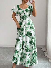 Elenzya Vestido de línea A con volantes en las mangas, fruncido en el frente y estampado floral de rosas, elegante y casual, ideal para vacaciones, viajes, citas, moda francesa y estilo retro, versátil para primavera y verano, de manga corta y largo maxi, en rojo, blanco y multicolor - Multicolor - Ver 10