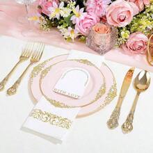 300 piezas de platos de plástico rosa y dorado, juego de vajilla desechable rosa para 50 invitados: 100 platos, 50 cuchillos, 50 tenedores, 50 cucharas y 50 servilletas para bodas, aniversarios y fiestas. - Rosa y oro - Ver 8