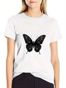 Versatile And Fashionable Short-Sleeved Crew Neck T-Shirt Made Of 180g Pure Cotton, Plus Size For Women, Perfect Mother's Day Gift, Sizes L-5XL. Plus Size Women's Clothing, Loose-Fitting T-Shirt With Butterfly Print - White With Black Pattern, Urban Casual Style Top, Short-Sleeved Crew Neck Design, Comfortable For All Seasons And Machine Washable, Suitable For Everyday Wear, Exclusively For Women. - 白色 - 查看 4