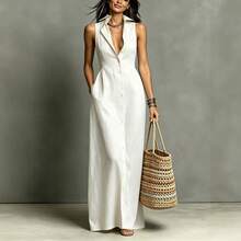 Women Summer Casual Dress New Arrival Solid Color Lapel Collar Button Front Sleeveless Loose Dress With Side Pockets - Màu xanh hải quân - Xem 3