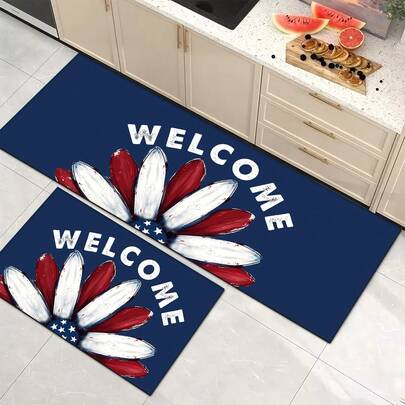 1pc American Flag & Floral Pattern Silica Gel Kitchen Mat, Washable Rectangular Carpet For Living Room, Bedroom, Hallway, Bathroom, Laundry Room - Polyester Rug, Suitable For Indoor And Outdoor Home Decor, 4th Of July Decoration