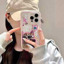 1pc Pink Frame Transparent Minimalist Lens Protection Anti-Fall Anti-Collision Sunglasses Cat Pattern Phone Case, Personalized Suitable For IPhone 16 Pro Max, 17/16/15/14 Plus/13/12/11, Air, Applicable To Series - Multicolor - View 4