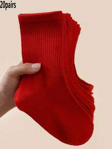 1/3/5/10/15/20 Pairs Women's Solid Red Minimalist Style Comfortable Breathable Mid-Calf Socks - Red - View 30