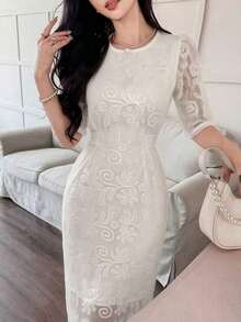 Vestido de encaje bordado de alta gama, vestido de verano para mujer con cuello redondo y abertura lateral hasta la pantorrilla, elegante vestido de cóctel francés para fiestas, ropa de vuelta al colegio - Blanco - Ver 6