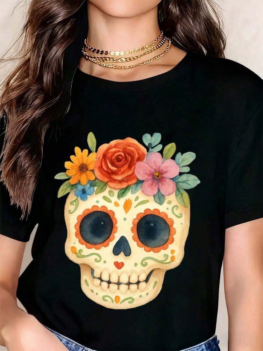 Day Of The Dead Skull T-Shirt Archive - Mexican Autumn Instant Download, 100% Cotton Day Of The Dead T-Shirt - 黑色 - 查看 1