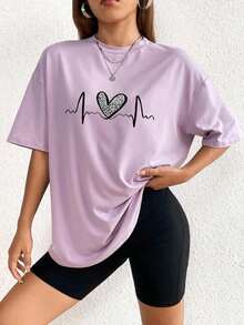 The Hottest Item Of The Summer: Pure Cotton T-Shirt, Crew Neck T-Shirt With Heart Print, Graphic Tees With Cheetah Print For Women, Stylish Pure Cotton T-Shirt. Stylish, Popular, Party T-Shirt. - 紫色 - 查看 4