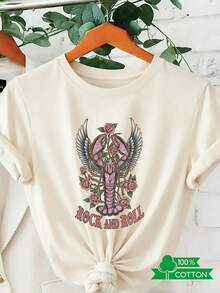 New 2026 Collection: Cotton T-Shirt With Anime Letter Print, Women's Round Neck T-Shirt With Simple Design, Comfortable And Breathable, Suitable For Casual Daily Wear, Showing A Natural And Elegant Style, A Must-Have For Summer Parties, Local Shipping, Lightweight Cotton Lobster Wings. - 白色 - 查看 11