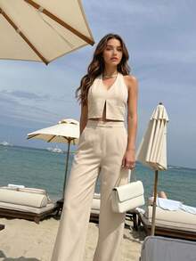 Jennie Growth Women's Apricot Suit 2-Piece Set, Cold Shoulder V-Neck Sleeveless Back Lace-Up Backless Crop Top & High-Waisted Wide-Leg Pants, Casual Hot Girl Bold Elegant Combination, Suitable For Summer Vacation Beach Wear, Lunch Date, Coffee Date, Street Style, Shopping, Office, Casual Weekend Outings - Apricot - View 9