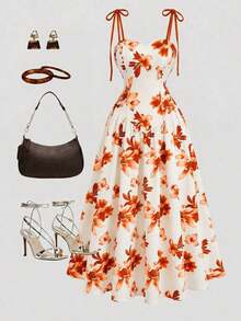 Vestido de tirantes con estampado floral de base color albaricoque y marrón, con cintura y línea A, elegante y encantador para vacaciones, viajes, festivales de música, citas, estilo bohemio francés, playa, calle, versátil, primavera/verano, nuevo - Naranja Quemada - Ver 6