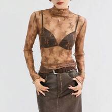 Women's Slim Black Lace Shirt, Spring-Autumn, Sexy, High Neck, Long Sleeve, Fitted, With Crochet Patches, Fashion Blouse - 2SZWB091-卡其色 - 查看 4