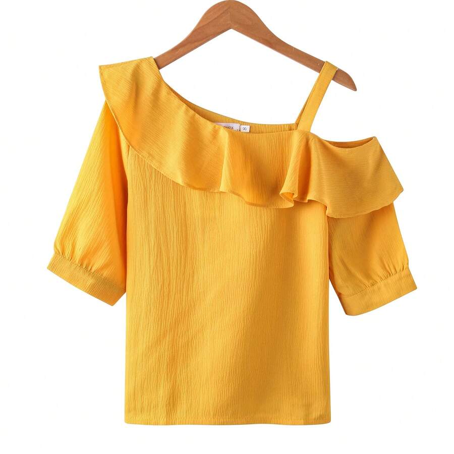 Women's Short Sleeve Chiffon Blouse With Ruffles And One Shoulder Off-Shoulder - Yellow - View 1