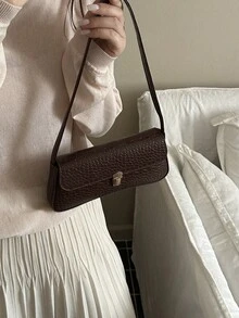 鳄鱼纹韩版女士手提包，新款时尚单肩包，简约新月形托特包，适合OL - 棕色 - 查看 2