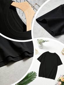 1 Piece Of Women's Black T-Shirt With Blue Lily Flower Print, Round Neck, Casual Cotton T-Shirt, Medium Stretch Knit Fabric, Regular Fit For Ladies, Ideal - 黑色 - 查看 3