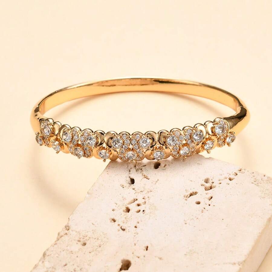 1 pieza Brazalete de mujer de lujo totalmente pavimentado con diamante de imitación, diseño en racimo, no se desvanece, elegante y elegante brazalete dorado - Dorado - Ver 1